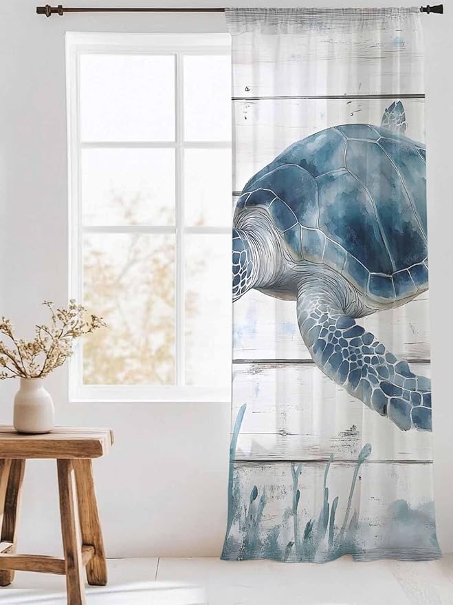 Sheer Curtains 108 Inches Long, Ocean Sea Turtle Semi Sheer Curtains Light Filtering Window Treatment, Coastal Seaweed Vintage Wood Grain Privacy Voile Drapes for Living Room Bedroom 52x108 Inch