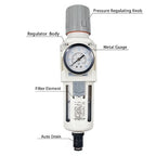 XingNEeng 1/2" NPT Compressed Air Filter Regulator Combo Piggyback, Water/Oil Trap Separator with Pressure Gauge(0-150 psi), Auto Drain, Poly Bowl, 5 Micron Brass Element, Metal Bracket