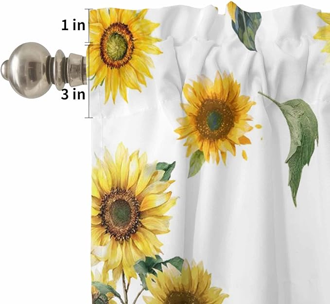 Kitchen Curtains Tiers and Valance Set of 3, Cow Sunflowers Light Filtering Window Curtain Set, Spring Botanical Floral Flowers Animals Rod Pocket Curtain Drapes for Cafe, Living Room, 24 Inches Tiers