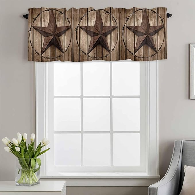 Vintage Texas Star Valances for Windows, Brown Wood Grain Wire Kitchen Valance Light Filtering Rod Pocket Short Curtains for Kitchen Bathroom, 1 Panel, 60"x14"