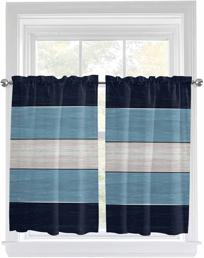 Vintage Country Woodcuts Window Valance Curtains, Blue Gradient Striped Light Filtering Kitchen Valance with 3-inch Rod Pocket for Living Room Bathroom Bedroom,2 Panel,42x45In