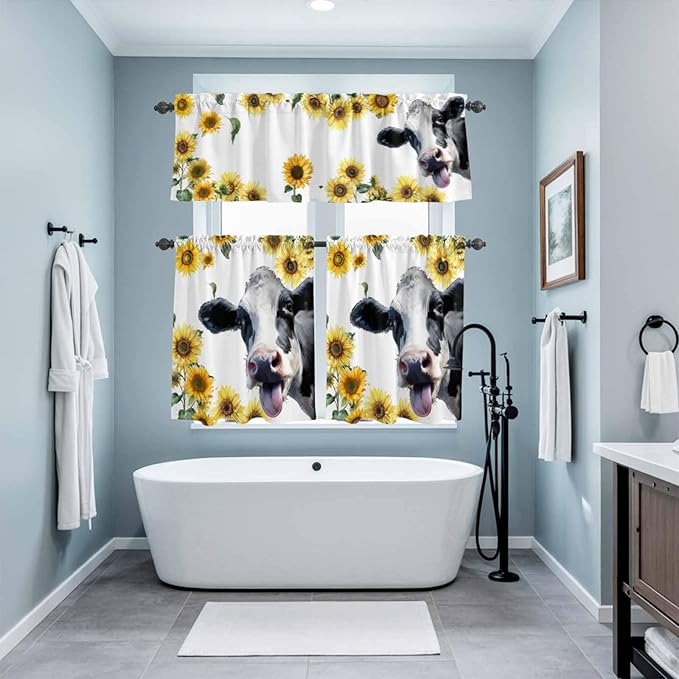 Kitchen Curtains Tiers and Valance Set of 3, Cow Sunflowers Light Filtering Window Curtain Set, Spring Botanical Floral Flowers Animals Rod Pocket Curtain Drapes for Cafe, Living Room, 36 Inches Tiers
