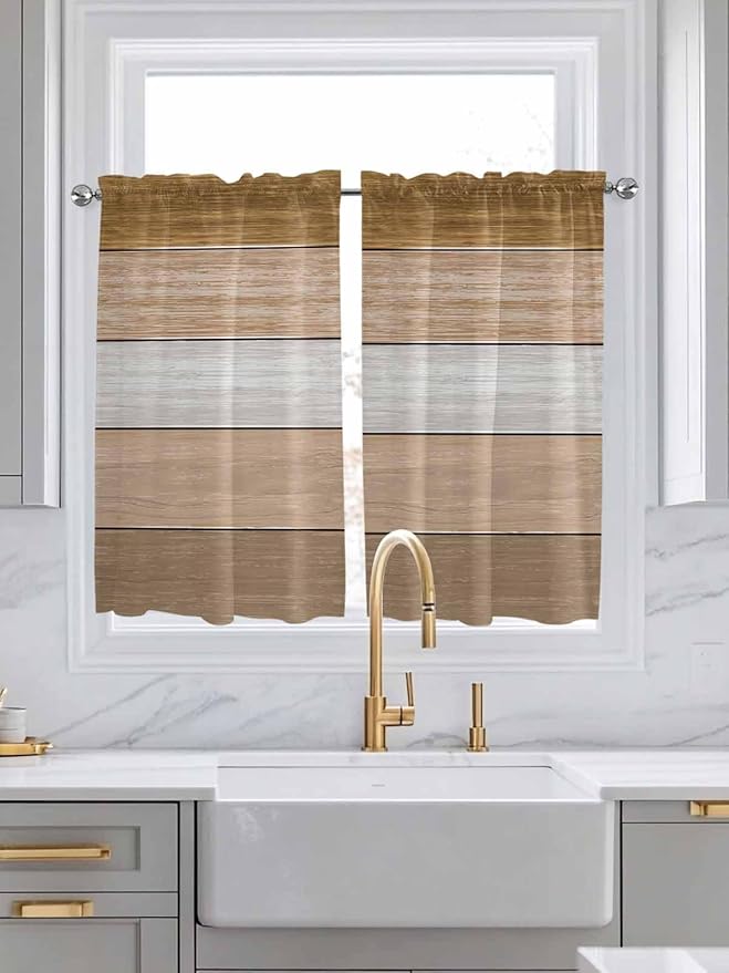 Retro Farm Wood Board Window Valance Curtains, Brown Graduality Striped Light Filtering Kitchen Valance with 3-inch Rod Pocket for Living Room Bathroom Bedroom,2 Panel,52x54In