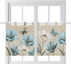 Spring Flowers Kitchen Curtains 24 Inch Length, Small Window Curtains Tab Top, Vintage Rustic Tulips Floral Butterfly Khaki Light Filtering Short Window Treatments Tier Drapes 27.5"x24" 2 Panel