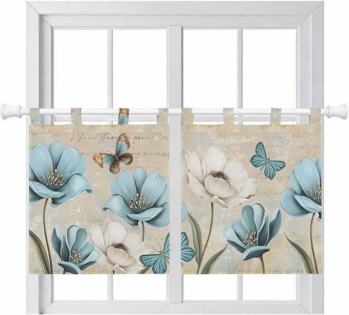 Spring Flowers Kitchen Curtains 36 Inch Length, Small Window Curtains Tab Top, Vintage Rustic Tulips Floral Butterfly Khaki Light Filtering Short Window Treatments Tier Drapes 27.5"x36" 2 Panel