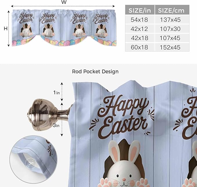 Blue Easter Tie Up Valance Curtains for Windows, Kitchen Curtains Window Shades, Spring Cartoon Bunny Colorful Eggs Wood Grain Light Filtering Roman Curtain Valances for Bedroom/Bathroom/Cafe 60"x18"