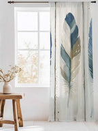 Sheer Curtains 108 Inches Long, Boho Blue Feathers Semi Sheer Curtains Light Filtering Window Treatment, Farmhouse Vintage Wooden Grain Privacy Voile Drapes for Living Room Bedroom 52x108 Inch
