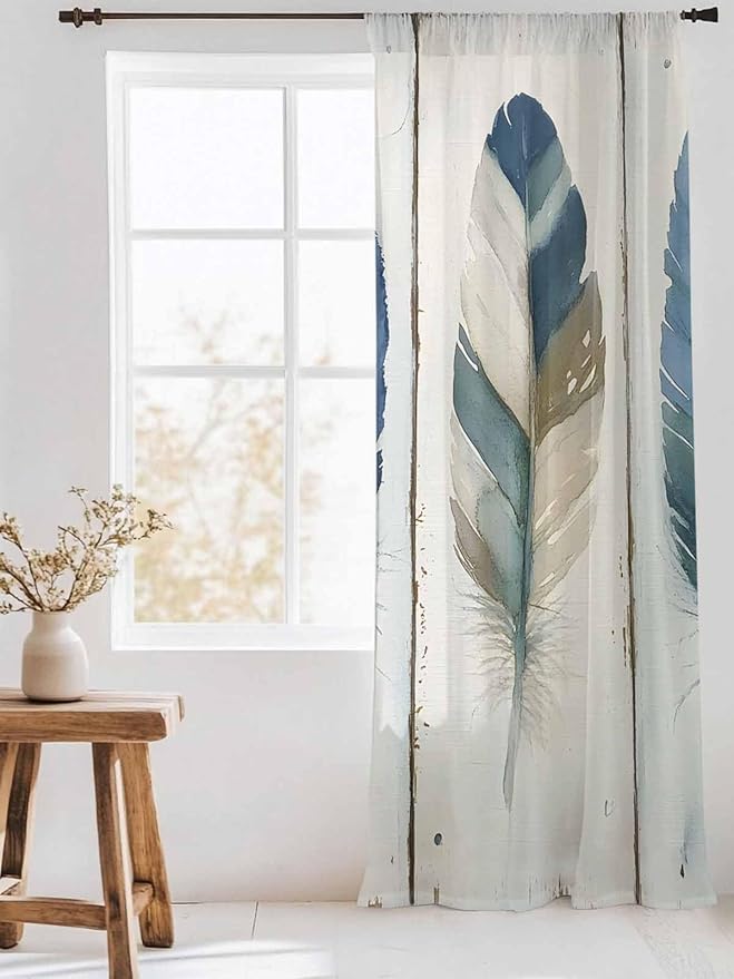 Sheer Curtains 96 Inches Long, Boho Blue Feathers Semi Sheer Curtains Light Filtering Window Treatment, Farmhouse Vintage Wooden Grain Privacy Voile Drapes for Living Room Bedroom 52x96 Inch