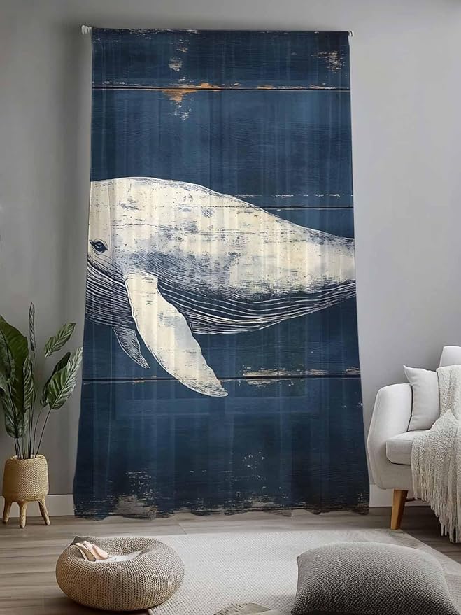 Sheer Curtains 84 Inches Long, Ocean Vintage Whale Semi Sheer Curtains Light Filtering Window Treatment, Summer Retro Wood Grain Privacy Voile Drapes for Living Room Bedroom 52x84 Inch