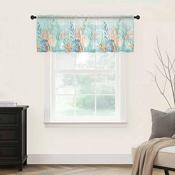 Summer Beach Sheer Valance Curtains, Green Ocean Colorful Coral Shell Seaweed Starfish Light Filtering Kitchen Valances Rod Pocket Voile Curtain Treatment for Bedroom/Living Room/Basement 60Wx18L