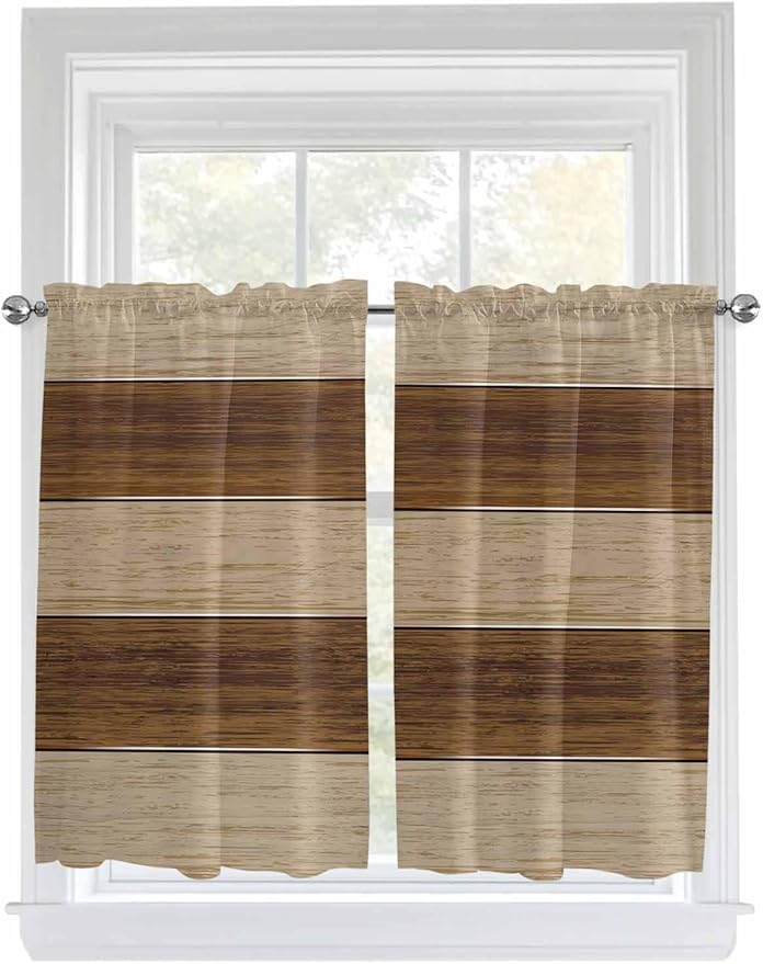 Retro Country Brown Wooden Board Window Valance Curtains, Farmhouse Gradient Plank Light Filtering Kitchen Valance with 3-inch Rod Pocket for Living Room Bathroom Bedroom,2 Panel,27.5x45In