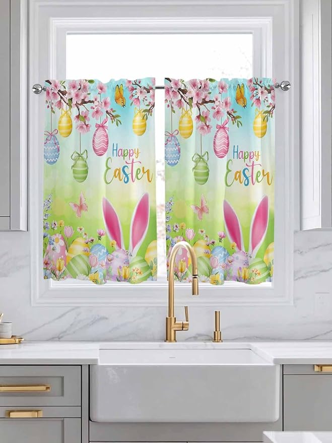 Easter Tier Curtains 45 Inches Long, Spring Bunny Colorful Rabbit Eggs Butterfly Blue Green Window Treatment Curtain Drapes, Small Curtain Drapes for Bathroom Laundry Room, 27.5"x45", 2 Panels