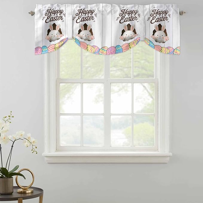 Grey Easter Tie Up Valance Curtains for Windows, Kitchen Curtains Window Shades, Spring Cartoon Bunny Colorful Eggs Wood Grain Light Filtering Roman Curtain Valances for Bedroom/Bathroom/Cafe 42"x12"