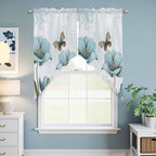 Blue Tulips Swag Valances for Windows, Watercolor Flowers Butterfly Spring Farmhouse Blue Rod Pocket Kitchen Curtains Valance, Kitchen Window Curtains Swag for Cafe Living Room, 2 Panels, 36x45 inch