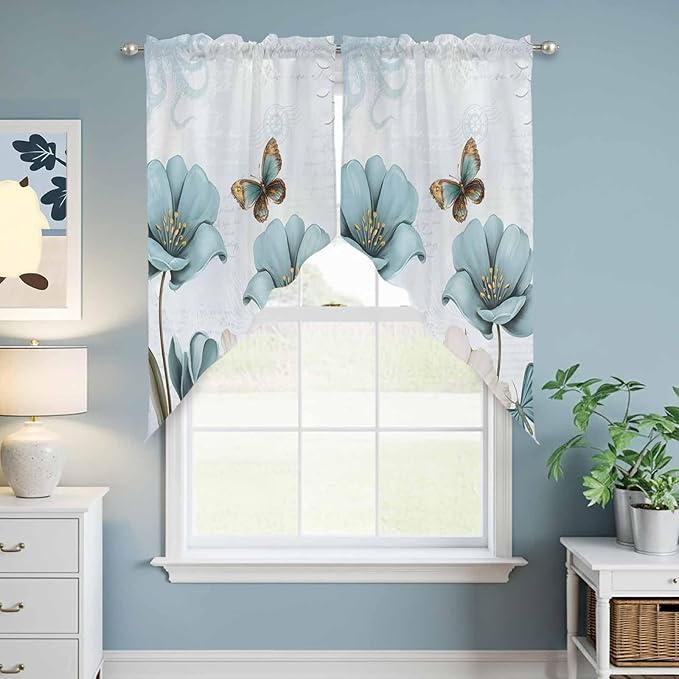 Blue Tulips Swag Valances for Windows, Watercolor Flowers Butterfly Spring Farmhouse Blue Rod Pocket Kitchen Curtains Valance, Small Window Curtains Swag for Cafe Living Room, 2 Panels, 36x36 inch