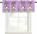 Purple Easter Curtain Valances for Windows, Kitchen Valance Window Treatment, Spring Cartoon Bunny Colorful Eggs Wood Grain Light Filtering Block Curtains for Bathroom/Bedroom/Living Room 60'' x 18''