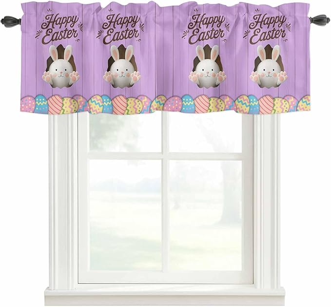 Purple Easter Curtain Valances for Windows, Kitchen Valance Window Treatment, Spring Cartoon Bunny Colorful Eggs Wood Grain Light Filtering Block Curtains for Bathroom/Bedroom/Living Room 42'' x 12''