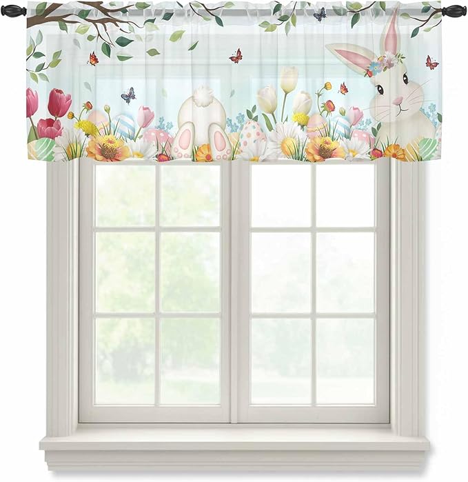 Easter Sheer Valances for Windows 60"x18", Light Filtering Kitchen Curtains Valance, Spring Watercolor Bunny Eggs Tulip Flower Plant Rod Pocket Chiffon Curtains for Living Room Bedroom Cafe