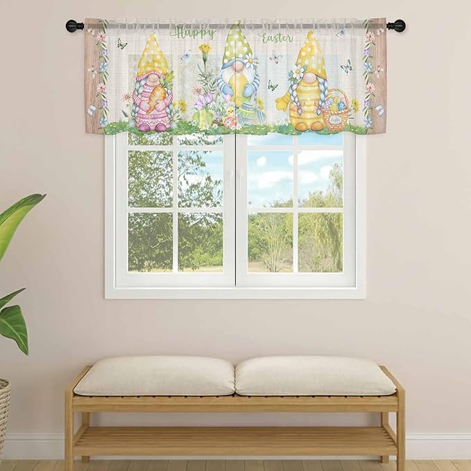 Easter Sheer Valances for Windows 42"x18", Light Filtering Kitchen Curtains Valance, Rustic Gnomes Duck Floral Colorful Eggs Wooden Grain Rod Pocket Chiffon Curtains for Living Room Bedroom Cafe