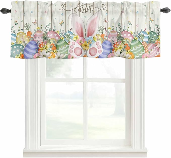 Happy Easter Curtain Valances for Windows, Kitchen Valance Window Treatment, Spring Colorful Eggs Rabbit Ear Feet Flowers Light Filtering Block Curtains for Bathroom/Bedroom/Living Room 60'' x 18''