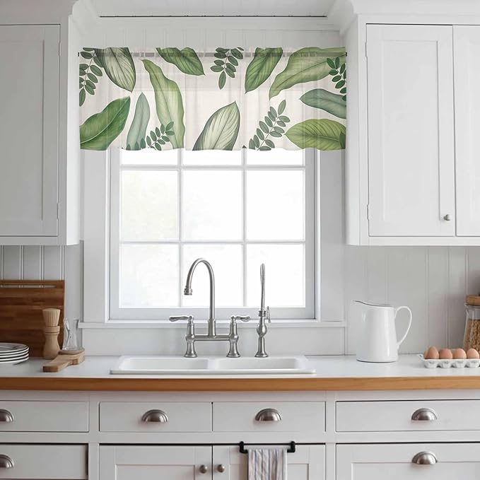 Summer Palm Leaf Sheer Valance Curtains, Green Tropical Plants Nature Leaves Linen Light Filtering Kitchen Valances Rod Pocket Voile Curtain Window Treatment for Bedroom/Living Room/Basement 60Wx18L