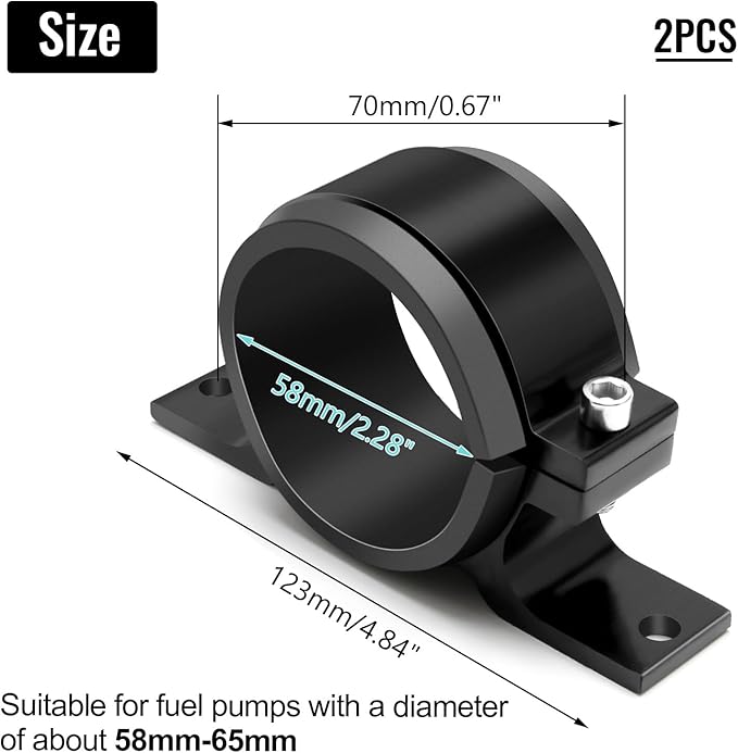 2 Pcs Universal Car Fuel Pump Fuel Filter Mounting Bracket Aluminum Clamp Holder with Rubber Insert, Black Hard Aluminum Anodized Accessories Suitable for Vehicle Fuel Oil Line (58 to 65 mm)