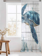 Sheer Curtains 108 Inches Long, Teal Green Ocean Turtle Semi Sheer Curtains Light Filtering Window Treatment, Coastal Seaweed Wood Grain Privacy Voile Drapes for Living Room Bedroom 52x108 Inch