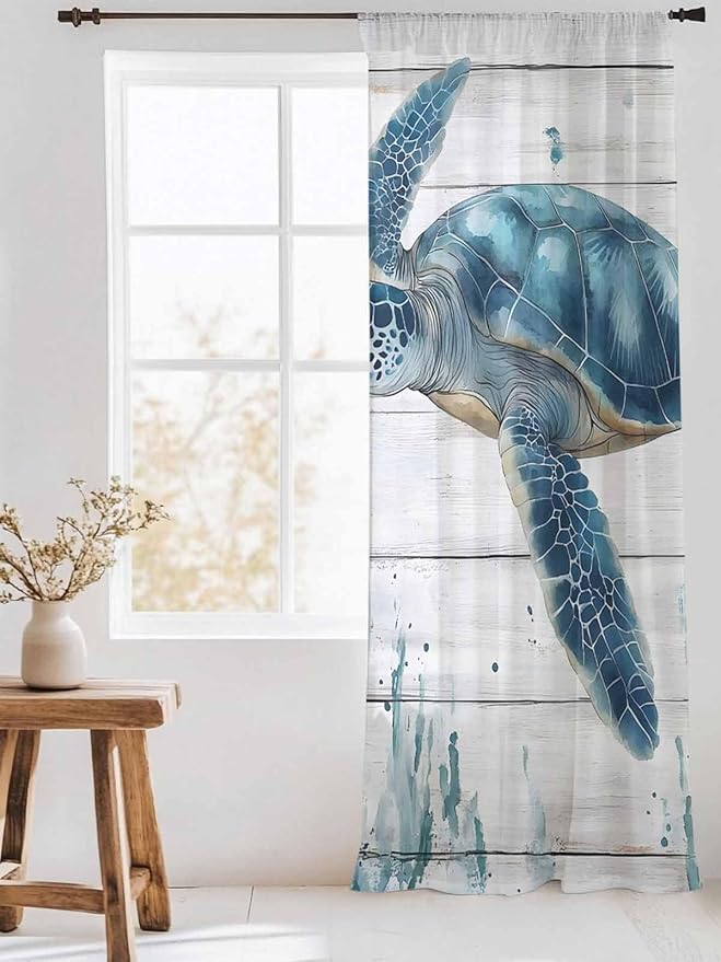 Sheer Curtains 108 Inches Long, Teal Green Ocean Turtle Semi Sheer Curtains Light Filtering Window Treatment, Coastal Seaweed Wood Grain Privacy Voile Drapes for Living Room Bedroom 52x108 Inch