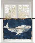 Sheer Curtains 45 Inch Length, Ocean Whale Blue Semi Sheer Curtains Light Filtering Window Treatment, Summer Sea Vintage Wooden Grain Privacy Voile Drapes for Living Room Bedroom 52x45 Inch