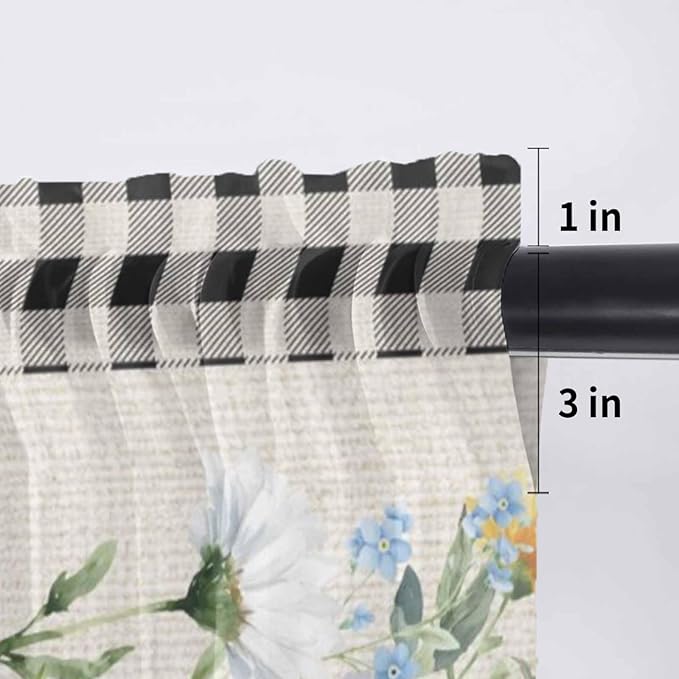 Blue Pink Floral Sheer Valance Curtains, Spring Summer Botanical Linen Black Plaid Light Filtering Kitchen Valances Rod Pocket Voile Curtain Window Treatment for Bedroom/Living Room/Basement 60Wx18L