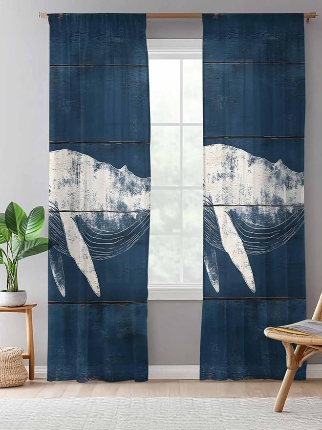 Sheer Curtains 96 Inches Long, Summer Whale Semi Sheer Curtains Light Filtering Window Treatment, Ocean Vintage Wooden Grain Blue Privacy Voile Drapes for Living Room Bedroom 52x96 Inch
