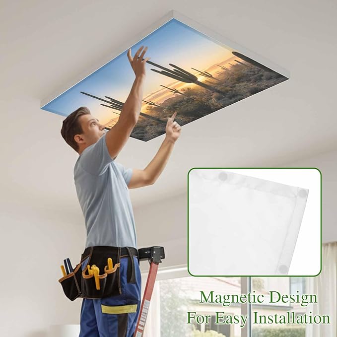 Fluorescent Light Covers for Drop Ceiling Desert Cactus Sunset Magnetic Light Filters, Tropical Plant Natural Scenery Ceiling Shade Filters for Home Classroom Office,2x4 ft,2Packs