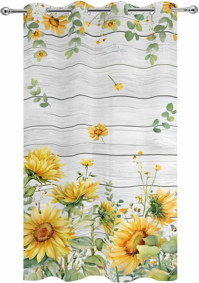 Sunflowers Outdoor Curtains for Patio Summer Floral Eucalyptus Leaf Wood Plank Waterproof Outside Curtains with Grommet Top Weatherproof Curtain for Cabana Pergola Gazebo, 1 Panel, 54" W x 108" L