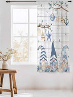 Sheer Curtains 63 Inch Length, Coastal Eucalyptus Semi Sheer Curtains Light Filtering Window Treatment, Ocean Blue Gnomes Starfish Leaf Wood Grain Privacy Voile Drapes for Living Room 52x63 Inch