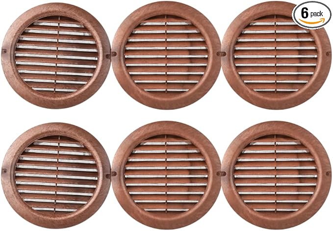 VENTS-US - 4" Brown Pack of 6 Plastic Round Vent Covers with Built-in Insect Screen and Flange for Air Supply or Exhaust Applications