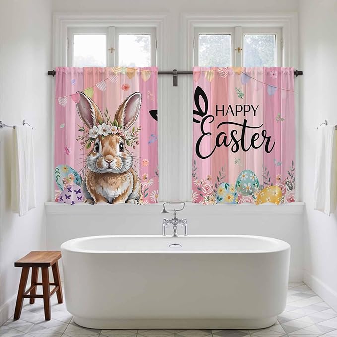 Easter Kitchen Curtains, Spring Rabbit Eggs Flowers Flags Leaves Wood Grain Light Filtering Window Curtain Panels, 2Pcs Rod Pocket Window Treatments Set for Cabin Bathroom Bedroom 52x45 Inches