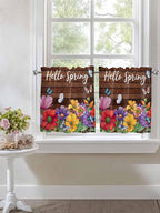 Spring Flowers Half Window Curtain 36 Inches Long, Watercolor Farmhouse Colorful Wooden Grain Window Treatment Curtain Drapes, Small Tier Curtains for Bathroom Over Sink, 27.5"x36", 2 Panels