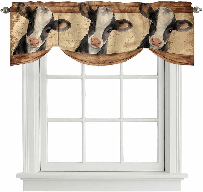 Farmhouse Cow Tie Up Valance Curtains for Windows, Kitchen Curtains Window Shades, Country Vintage Animals Wooden Grain Light Filtering Roman Curtain Valances for Bedroom/Bathroom/Cafe 42"x18"