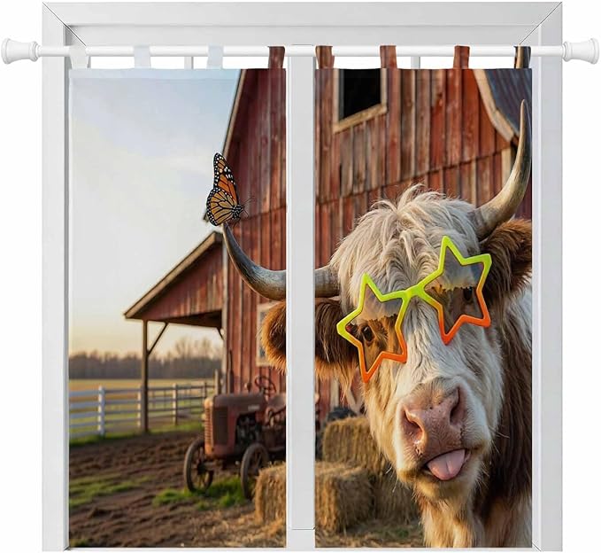 Farm Yaks Living Room Curtains 84 Inch Length, Window Curtains Tab Top, Farmhouse Barn Funny Animals Butterfly Light Filtering Window Treatments Drapes 42"x84" 2 Panel
