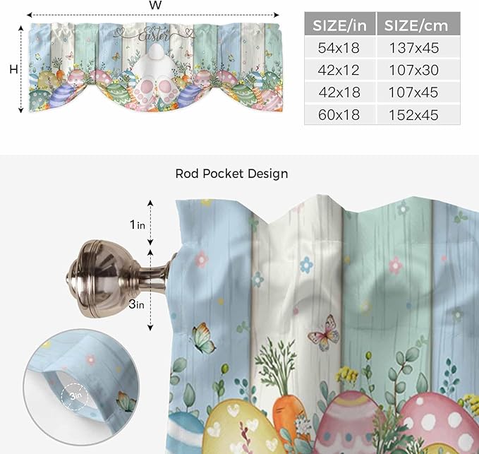 Easter Tie Up Valance Curtains for Windows, Kitchen Curtains Window Shades, Spring Rabbit Ears Foot Flowers Eggs Green Wooden Light Filtering Roman Curtain Valances for Bedroom/Bathroom/Cafe 60"x18"