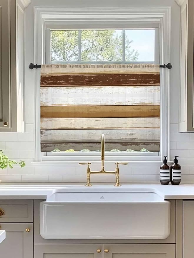 Sheer Curtains 54 Inch Length, Brown Wood Grain Semi Sheer Curtains Light Filtering Window Treatment, Vintage Country Geometric Striped Privacy Voile Drapes for Living Room Bedroom 52x54 Inch