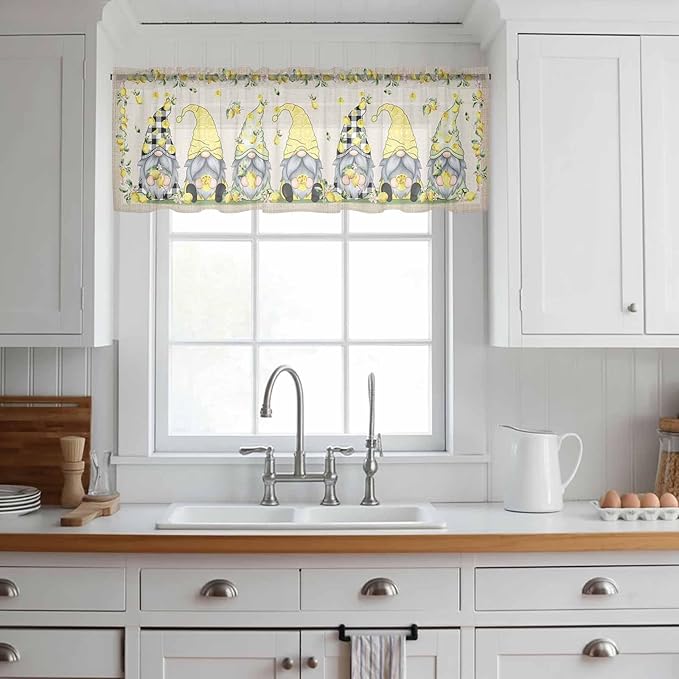Rustic Lemon Gnomes Sheer Valance Curtains, Summer Fruit Leaves Retro Linen Texture Light Filtering Kitchen Valances Rod Pocket Voile Curtain Window Treatment for Bedroom/Living Room/Basement 42Wx18L
