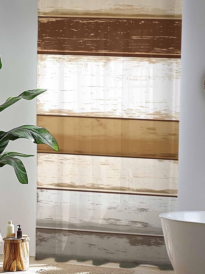Sheer Curtains 96 Inches Long, Brown Wood Grain Semi Sheer Curtains Light Filtering Window Treatment, Vintage Country Geometric Striped Privacy Voile Drapes for Living Room Bedroom 52x96 Inch
