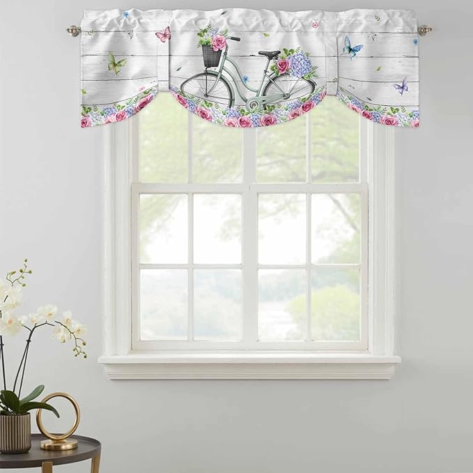 Spring Tie Up Valance Curtains for Windows, Kitchen Curtains Window Shades, Bicycles Botanical Rose Leaves Butterfly Wood Grain Light Filtering Roman Curtain Valances for Bedroom/Bathroom/Cafe 54"x18"