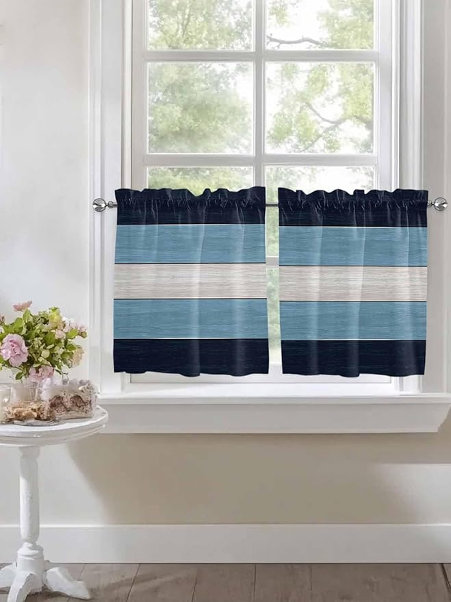 Vintage Country Woodcuts Window Valance Curtains, Blue Gradient Striped Light Filtering Kitchen Valance with 3-inch Rod Pocket for Living Room Bathroom Bedroom,2 Panel,27.5x24In