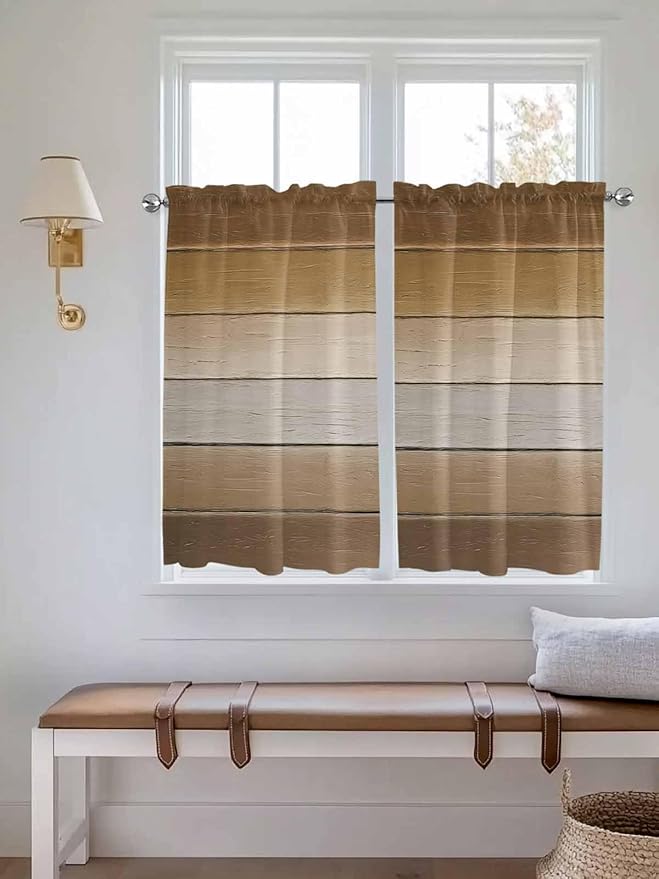 Vintage Brown Gradient Wood Grain Window Valance Curtains, Farmhouse Wood Barn Light Filtering Kitchen Valance with 3-inch Rod Pocket for Living Room Bathroom Bedroom,2 Panel,52x54In