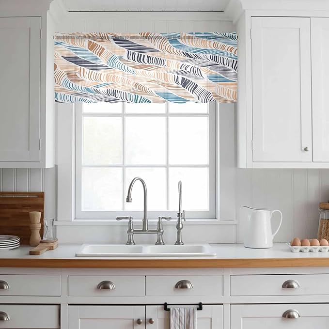 Abstract Stripes Sheer Valance Curtains, Brown Blue Gradient Wavy Lines Leaf Texture Light Filtering Kitchen Valances Rod Pocket Voile Curtain Window Treatment for Bedroom/Living Room/Basement 42Wx18L