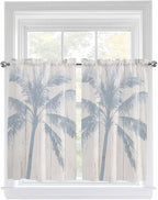 Summer Coconut Tree on Vintage Wood Grain Window Valance Curtains, Seaside Plants Light Filtering Kitchen Valance with 3-inch Rod Pocket for Living Room Bathroom Bedroom,2 Panel,42x45In