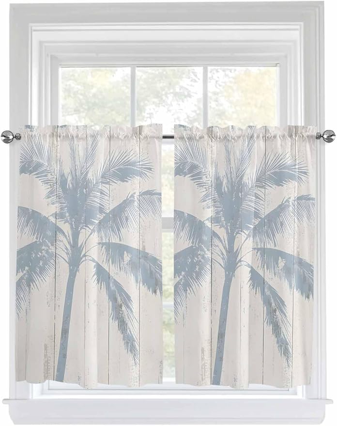 Summer Coconut Tree on Vintage Wood Grain Window Valance Curtains, Seaside Plants Light Filtering Kitchen Valance with 3-inch Rod Pocket for Living Room Bathroom Bedroom,2 Panel,27.5x45In