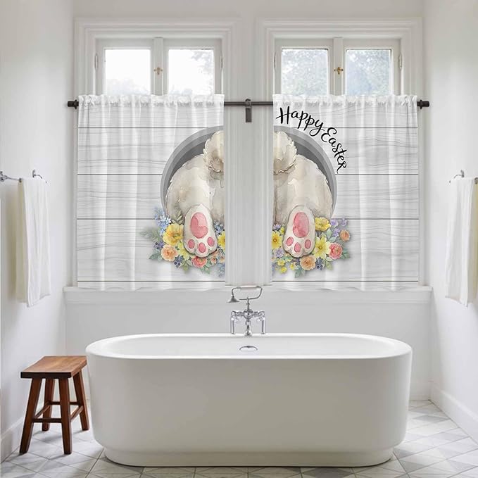 Easter Bunny Kitchen Curtains 45 Inch Long 2 Panel Set,Rod Pocket Window Treatment,3D Optical Illusion Farmhouse Flower Wood Grain Light Filtering Short Curtains & Drapes Laundry 52"W x 45"L